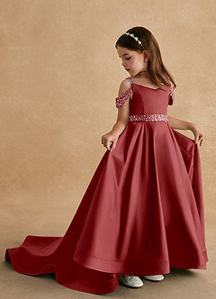 Azazie Jodi Robe Demoiselle D'honneur Fillette Robe Trapèze en Mat Satiné Rouille image1