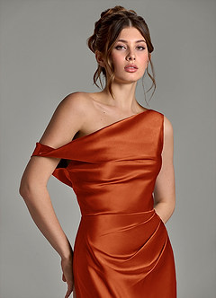 Azazie Emerson Bridesmaid Dresses Paprika Mermaid Off the Shoulder Metallic Satin Dress image7