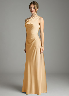 Azazie Emerson Bridesmaid Dresses Gold Mermaid Off the Shoulder Stretch Satin Dress image2
