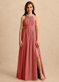 Azazie Aria Girls Formal Robe Demoiselle D'honneur Fillette Robe Trapèze en Mousseline de soie Plissé Antique Rose image1