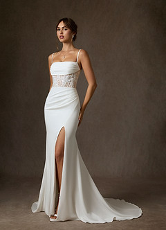 Azazie Alyce Vestidos de novia Vestido de Blanco Diamante Nude de Satén con cara trasera de crepé de Corte Sirena con Vestidos sin tirantes image6