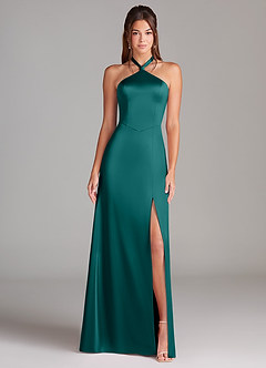 Azazie Elliana Bridesmaid Dresses Peacock A-Line Side Slit Stretch Satin Dress image5