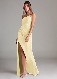 Azazie Eren Vestidos de damas de honor Vestido de Sorbete De Limón de Gasa de Corte Recto con Hombro unilateral image5