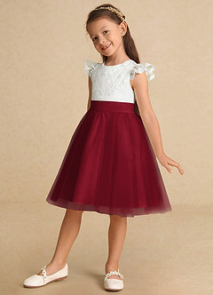 Azazie Vetty vestidos de niña de las flores Vestido de Marfil Burdeos de Tul de Corte En A con Encaje image3