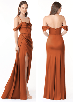 Azazie Amyra Bridesmaid Dresses Cinnamon Sheath Off the Shoulder Stretch Satin Convertible Dress image8