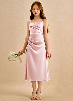 Azazie Canna Girls Formal Robe Demoiselle D'honneur Fillette Robe Trapèze en Satin extensible Plissée Rose Pâle image5