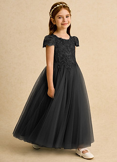 Azazie Puff Flower Girl Dresses Black Ball-Gown Lace Tulle Dress image3