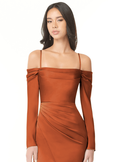 Azazie Hallie At-home Try On Dresses Peacock Sheath Off-The-Shoulder Long Sleeve Stretch Satin Convertible Dress image2
