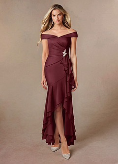 Azazie Billings Mother of the Bride Dresses Cabernet Mermaid Off the Shoulder Stretch Satin Dress image5