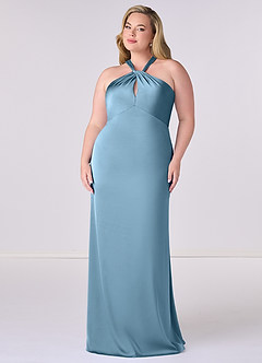 Barbie ♥ Azazie Robes de demoiselle d'honneur Robe Fourreau en Satin extensible Acier Bleuté image7