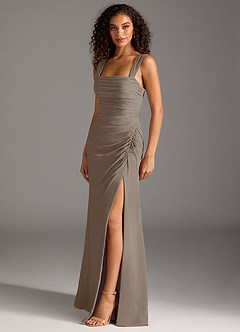 Azazie Jesaphine Bridesmaid Dresses Taupe Sheath Bow Chiffon Dress image3