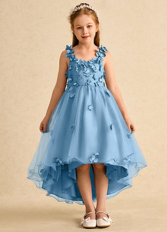 Azazie Tweety Flower Girl Dresses Steel Blue A-Line Lace Tulle Dress image3