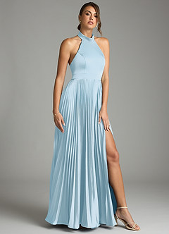 Azazie Zienna Final Sale Sky Blue A-Line Pleated Stretch Satin Dress image1