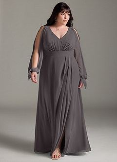 Azazie Matilda Bridesmaid Dresses Steel Grey A-Line Long Sleeve Chiffon Dress image14