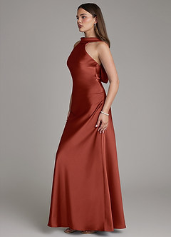 Azazie Dimitra Robes de demoiselle d'honneur Robe Trapèze en Satin extensible Plissée Terracotta image5