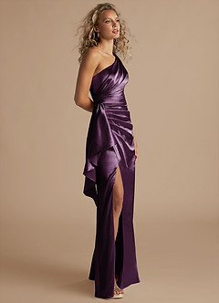 Azazie Maive Bridesmaid Dresses Plum Sheath Ruched Metallic Satin Dress image4