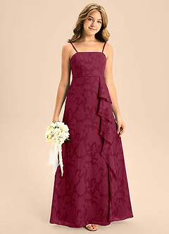 Azazie Kaylee Junior Burgundy A-Line with Belt Floral Burnout Dress image4