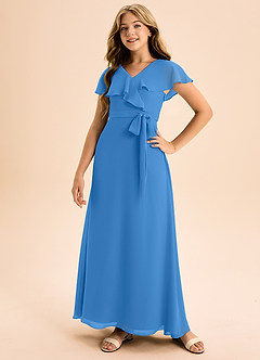 Azazie Lainey Junior Abito A-Line in Chiffon Con Tasche Blue Jay image5