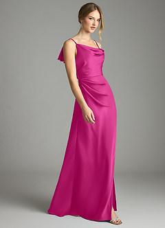 Azazie Eirene Final Sale Fuchsia Sheath Pleated Stretch Satin Dress image4