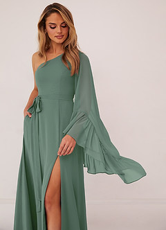 Barbie ♥ Azazie Bridesmaid Dresses Eucalyptus A-Line Long Sleeve Chiffon Dress image5