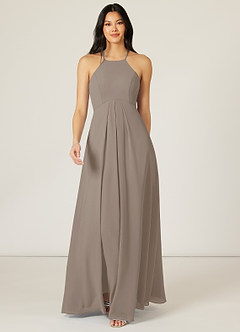 Azazie Sarah Bridesmaid Dresses Taupe Empire Pleated Chiffon Dress image1
