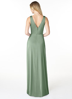 Azazie Nelly Bridesmaid Dresses Matcha A-Line V-Neck Pleated Stretch Satin Dress image2