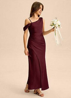 Azazie Madelyn Junior Cabernet Sheath Off the Shoulder Stretch Satin Dress image6