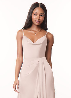 Azazie Brielle Bridesmaid Dresses Blushing Pink A-Line Cowl Spaghetti Straps Stretch Satin Dress image4