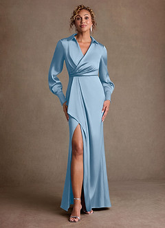 Azazie Jacinta Mère de la mariée Robes Robe Fourreau en Satin extensible Plissée Poudre Bleue image1