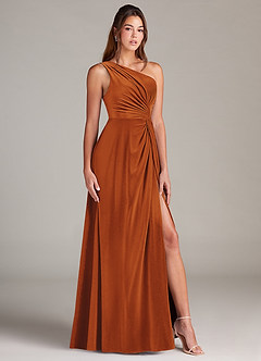Azazie Brooke Bridesmaid Dresses Burnt Orange A-Line One Shoulder Velvet Dress image3
