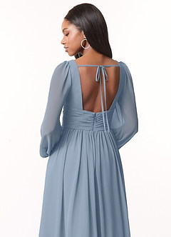Azazie Norah Robes de demoiselle d'honneur Robe Trapèze en Mousseline de soie Col en V, manches longues Bleu Poussiéreux image3
