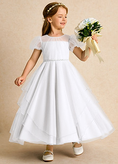 Azazie Duckie Abiti da Ragazza di Fiori Abito Principessa in Tulle Plissettato Bianco image1