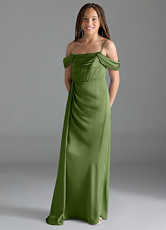 Azazie Amyra Junior Juniper Sheath Off the Shoulder Stretch Satin Dress image4