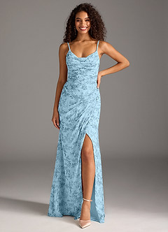 Azazie Deandra Probar vestidos en casa Vestido de Floral Helecho Azul de Gasa de Corte Sirena con Plisado image4