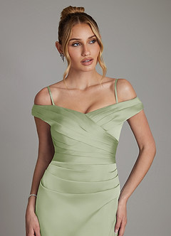 Azazie Teyana Bridesmaid Dresses Dusty Sage Sheath Off the Shoulder Stretch Satin Dress image3