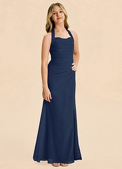 Azazie Destiny Junior Dark Navy Sheath Ruched Chiffon Dress image5