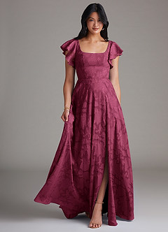 Azazie Bondi Bridesmaid Dresses Mulberry A-Line Side Slit Floral Burnout Dress image1