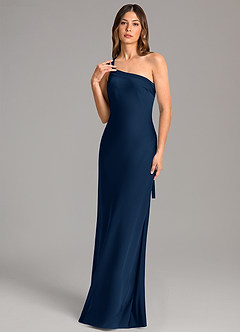 Azazie Monroe Jurken voor bruidsmeisjes Jurk van Stretch Satijn met Zeemeermin One-Shoulder Donkere Marine image1