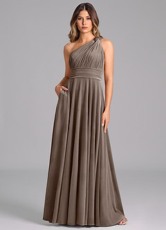 Azazie Charlize Vestidos de damas de honor Vestido de Taupe Plateado de terciopelo de Corte en A con Hombro unilateral image1