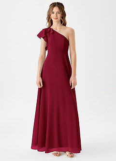 Azazie Arabella Junior Burgundy A-Line Ruched Chiffon Dress image3