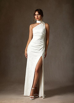 Azazie Misty Wedding Dresses Diamond White Sheath One Shoulder Floral Jacquard Dress image5