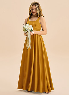 Azazie Gabby Junior Robe Trapèze en Satin extensible Plissée Caramel écossais image4