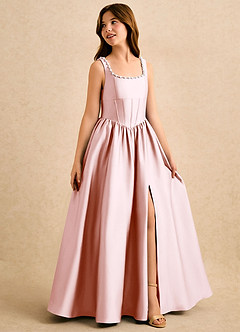Azazie Enid Girls Formal Blomsterpigekjoler A-Line Perlebesat Stræk satin Gulv-længde Kjole image3