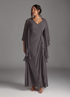 Azazie Manuella vestidos de madre de la novia Vestido de Gris Acero de Gasa de Corte En A con Cuello en V plisado image12