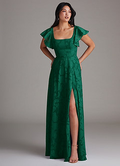 Azazie Bondi Bridesmaid Dresses Emerald A-Line Side Slit Floral Burnout Dress image4