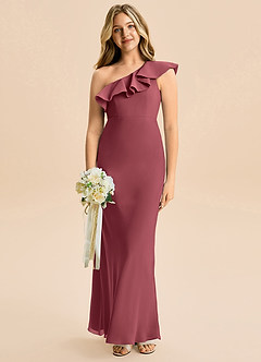 Azazie Alissa Junior Vestido de Merlot de Gasa de Corte Sirena con Volante image4
