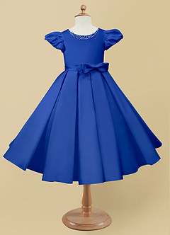 Azazie Jewel vestidos de niña de las flores Vestido de Azul Real de Satin Mate de Princesa con Plisado image4