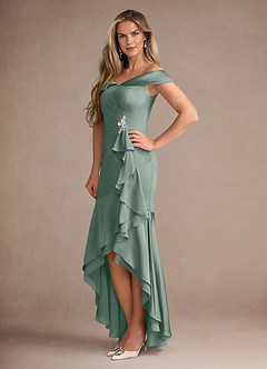 Azazie Billings Mother of the Bride Dresses Silver Sage Mermaid Off the Shoulder Stretch Satin Dress image2