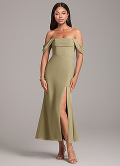 Azazie Saige Bridesmaid Dresses Moss Green Sheath Off the Shoulder Chiffon Convertible Dress image1