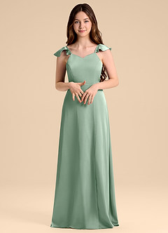 Azazie Everett Junior Agave A-Line Bow Stretch Satin Dress image5